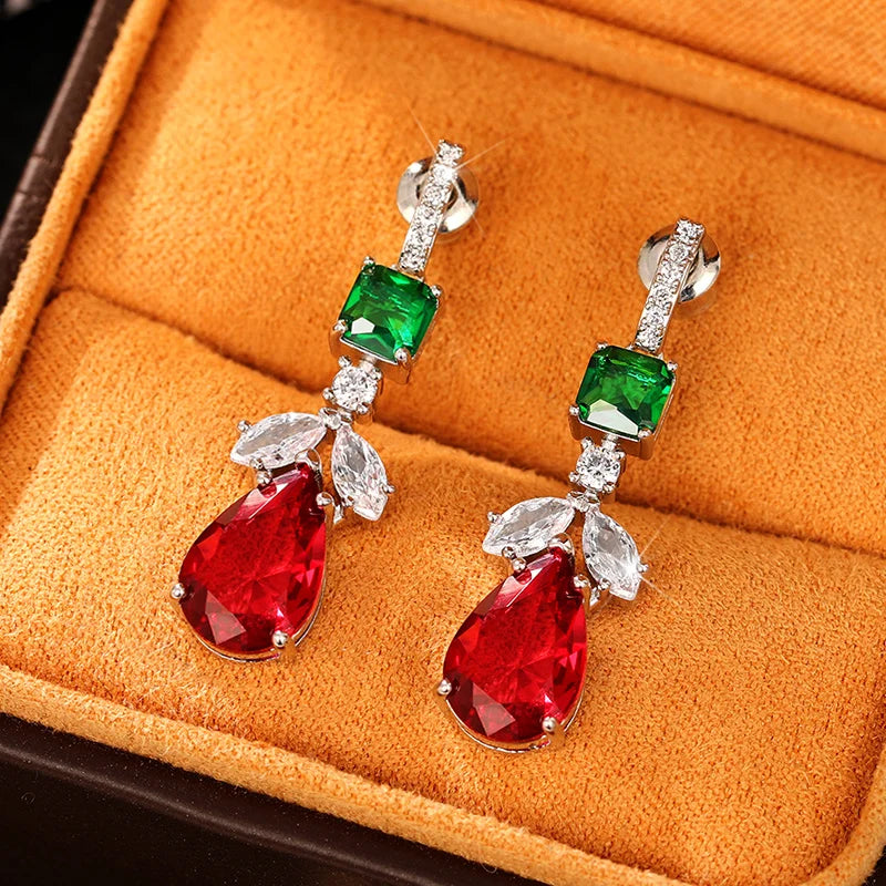 Dazzling Red/Green/White Zirconia Pendant Earrings
