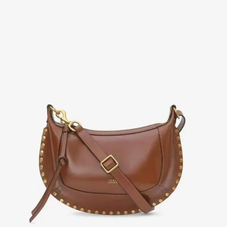 "Half Moon' Retro Classic Style Cowhide Shoulder Bag with Gold Rivet