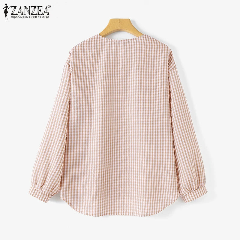 Vintage Plaid Checked  V-Neck Shirt with Long Sleeves