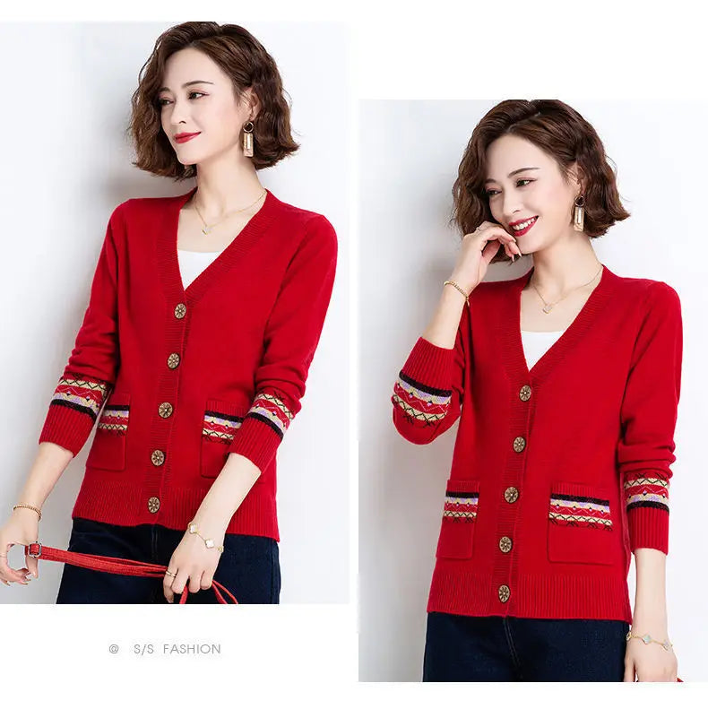 Folk Vintage Button V-Neck  Cardigans with Long Sleeves and Pockets