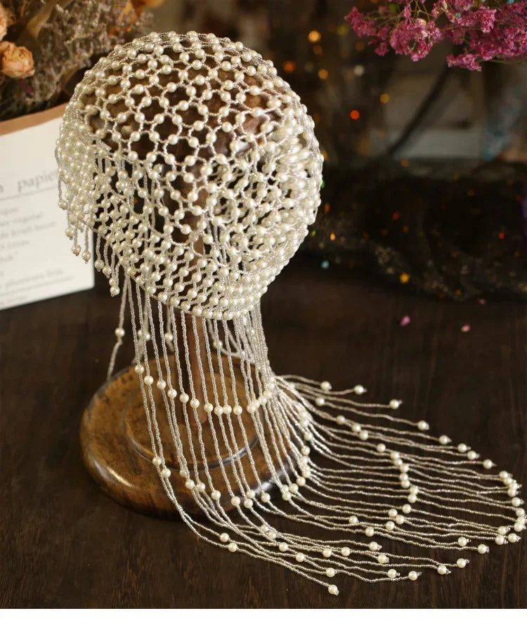 Vintage Pearl TasseL Hair Cap