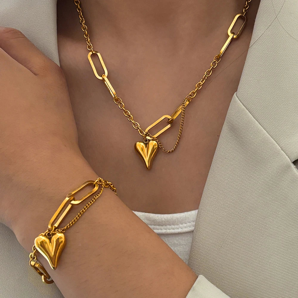 Matching Heart Shaped Chain Necklace & Bracelet Set