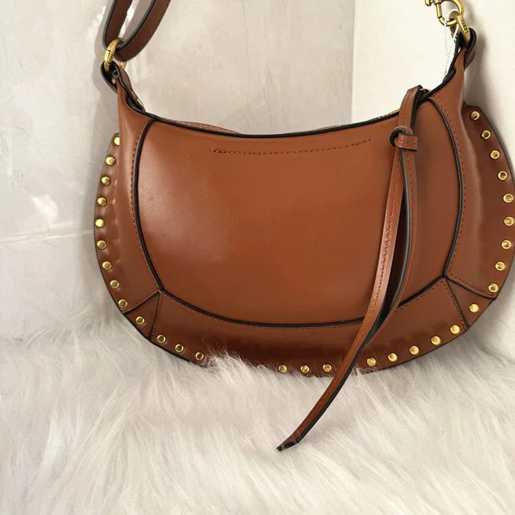 "Half Moon' Retro Classic Style Cowhide Shoulder Bag with Gold Rivet
