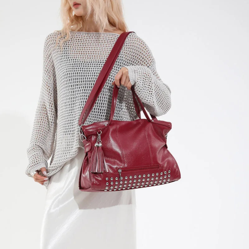 Chic Colors Rivets  Designer Messenger Leather Bags -Large Capacity