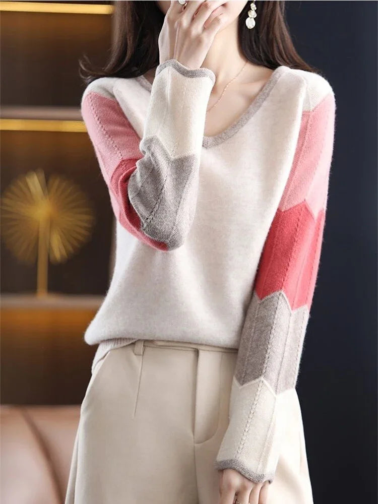 Artist Style  Patchwork V Neck Knitted Sweater Tops