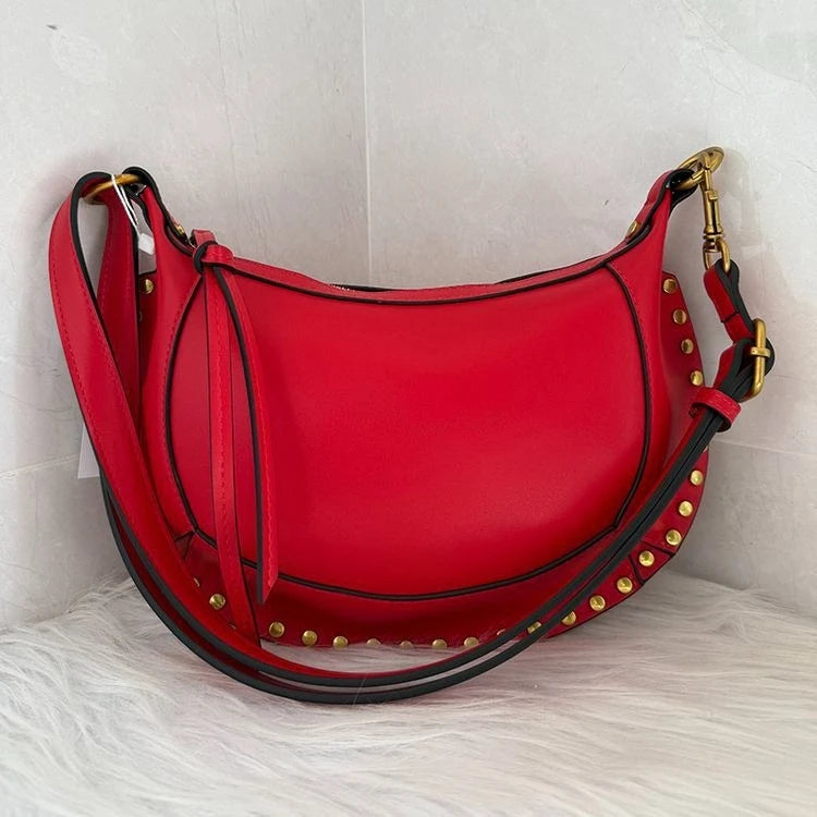 "Half Moon' Retro Classic Style Cowhide Shoulder Bag with Gold Rivet