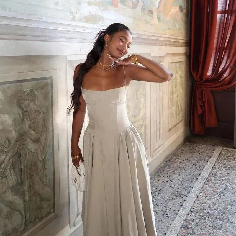 Party Pleated Hem Sling Midi Sleeveless Backless Dresses