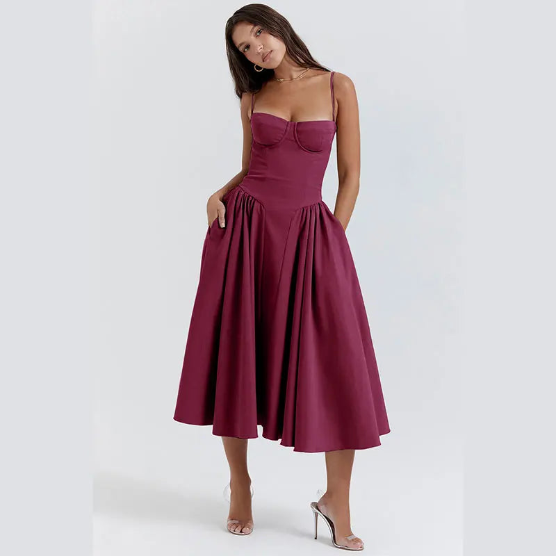 Party Pleated Hem Sling Midi Sleeveless Backless Dresses