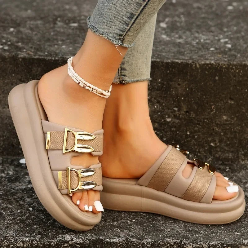 Ladies Shoes 2024 Slingbacks Women's Slippers Fashion Metal Decoration Daily Slippers Women Hot Sale Round Toe Platform Slippers