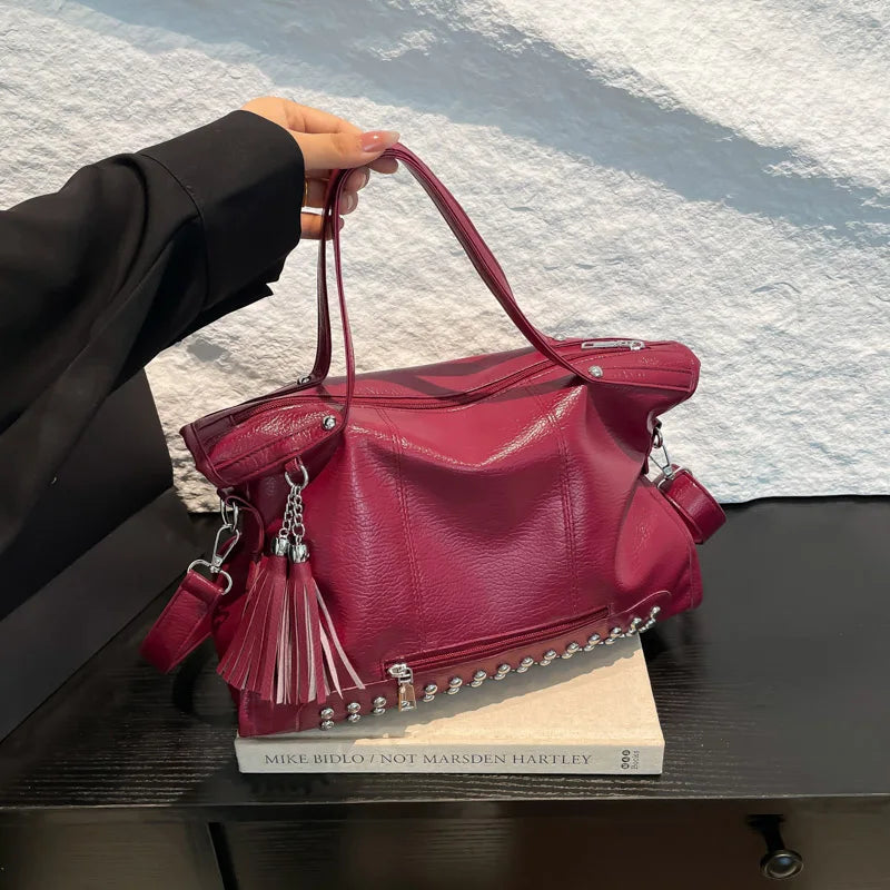 Chic Colors Rivets  Designer Messenger Leather Bags -Large Capacity