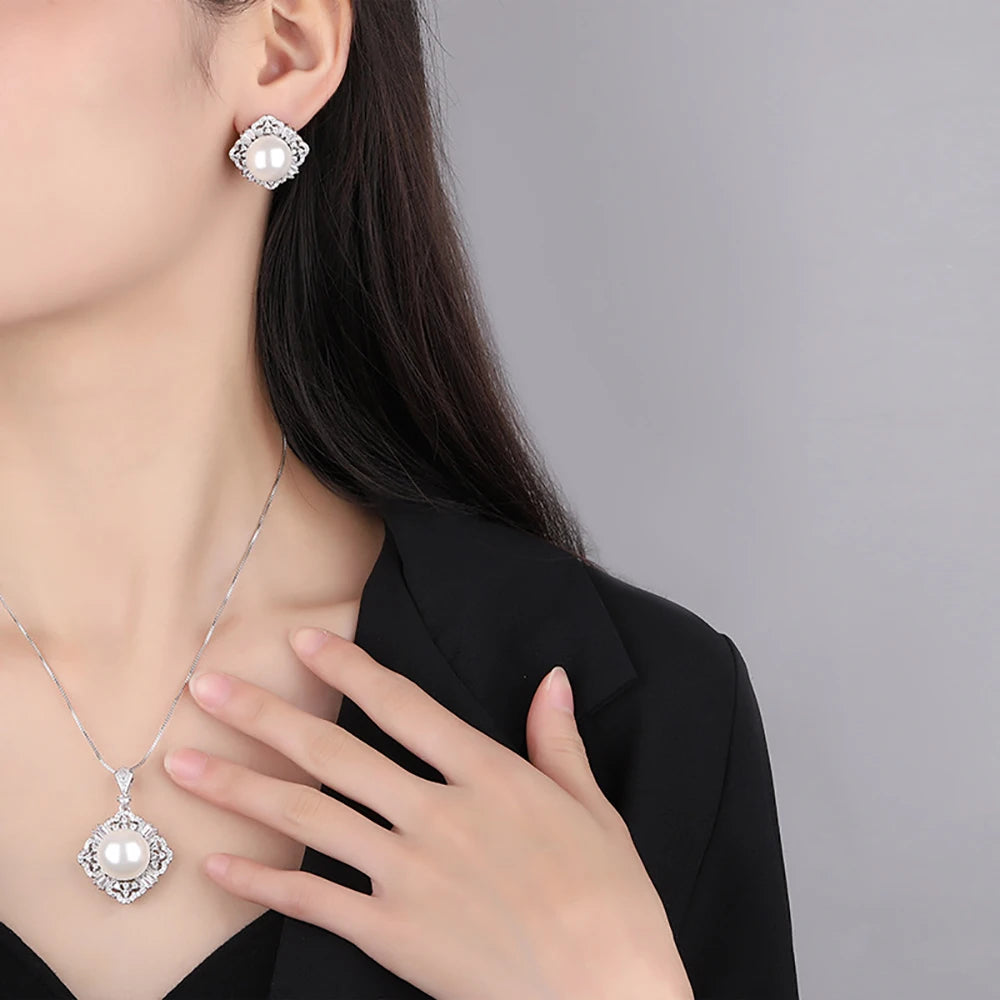 Large Pearl Pendant Necklace & Earrings Set