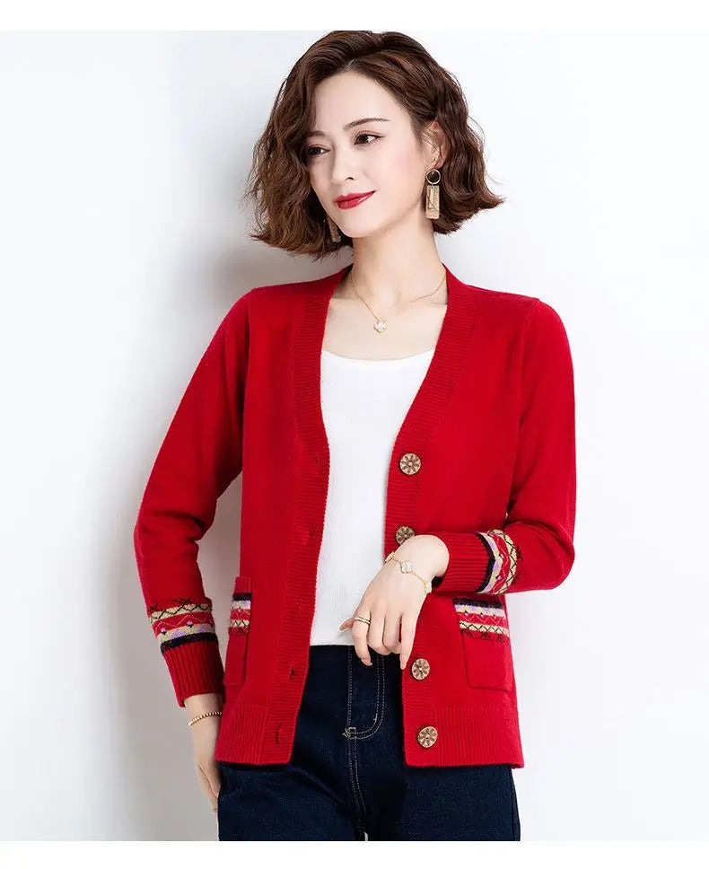 Folk Vintage Button V-Neck  Cardigans with Long Sleeves and Pockets