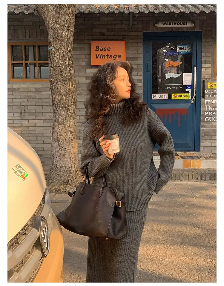 French Trendy Retro Two-piece Set with High Neck Sweater Knitted Top