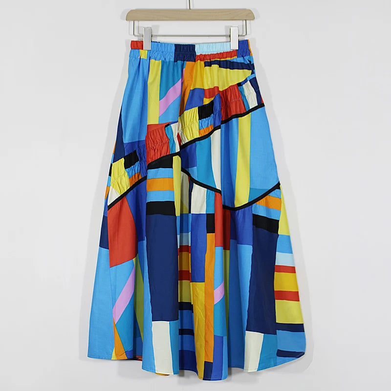 Blue Art  3D Printed  Loose Fit Mid-Calf Skirt with Pockets