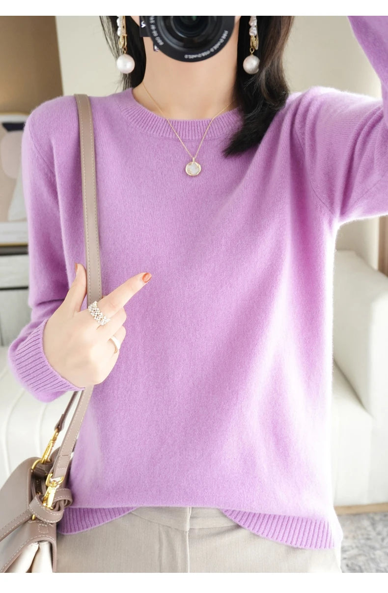 Classic Style Cashmere Round Neck Pullover with  Long Sleeve