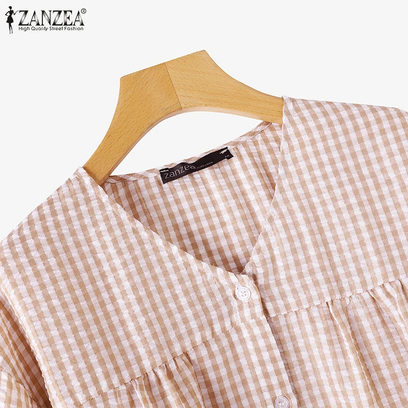 Vintage Plaid Checked  V-Neck Shirt with Long Sleeves