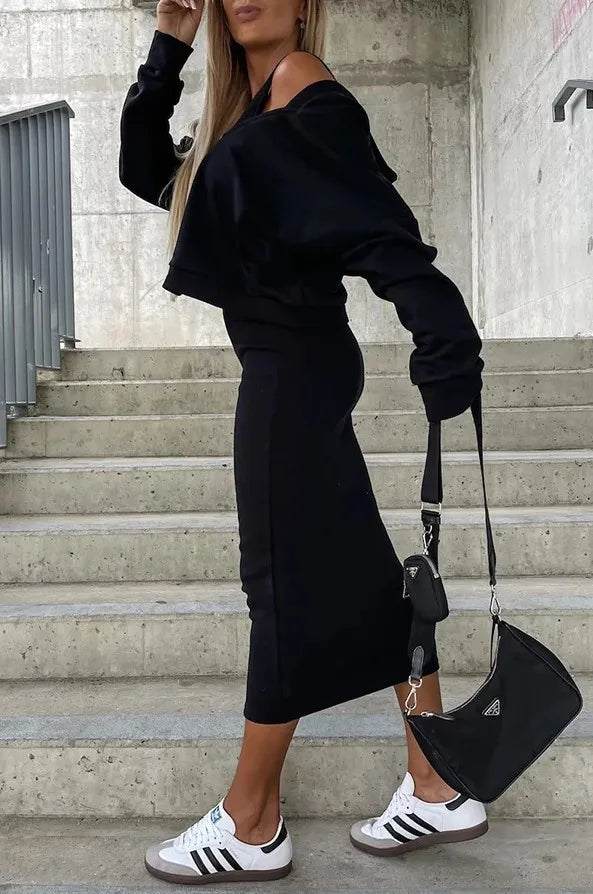 Sporty Slim Fit V-Neck Hooded Sweater Long Dress with Short Top- 2 Prices Set