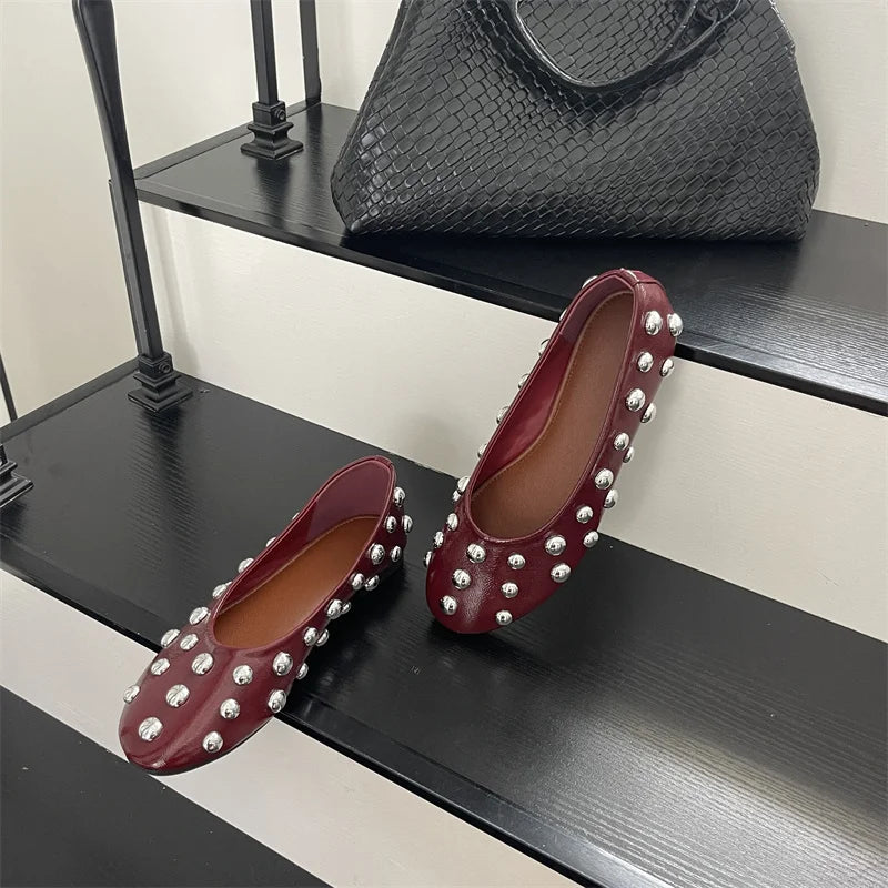 Classic Vintage Brown Shoes with  Metal Rivet Round Toe Loafers