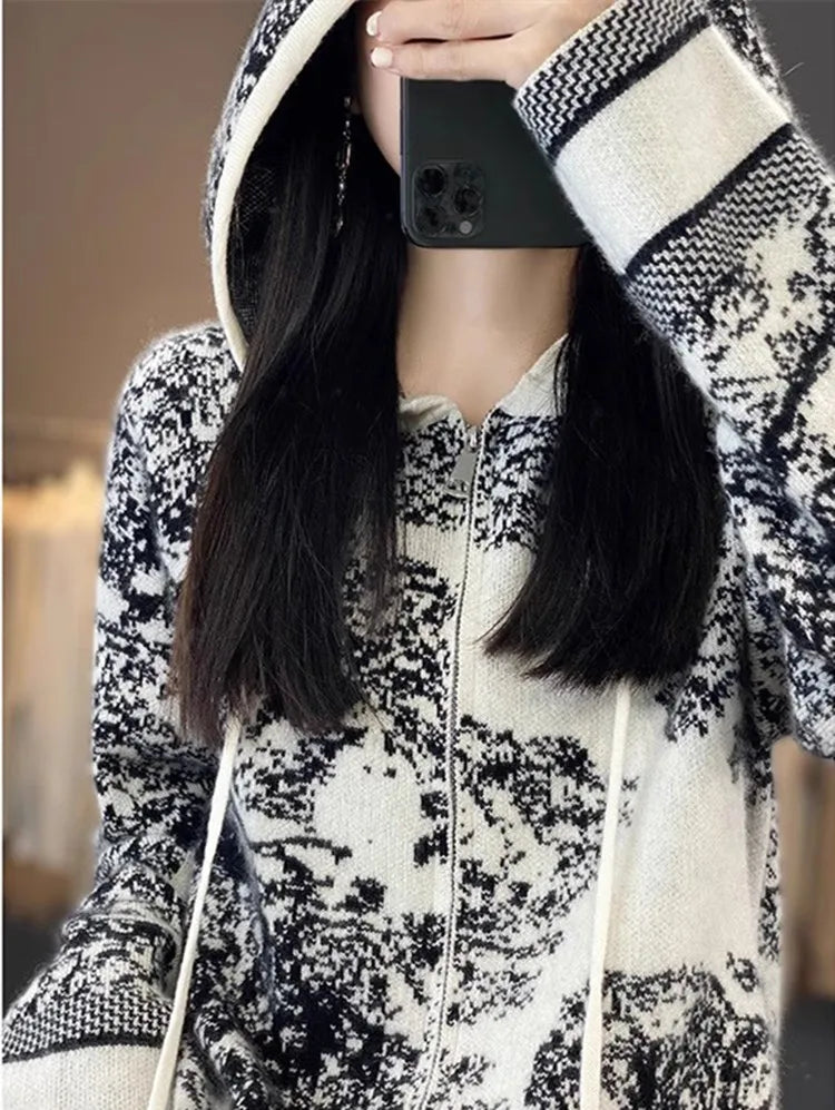 Tie Dye Pure Wool Black and White  Painting Hooded Zipper Cardigan