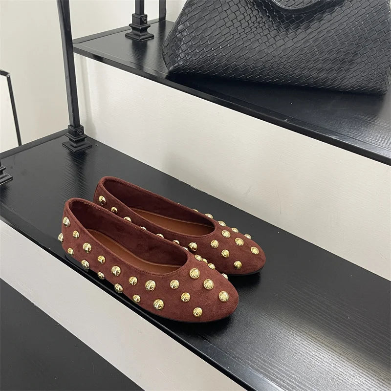 Classic Vintage Brown Shoes with  Metal Rivet Round Toe Loafers