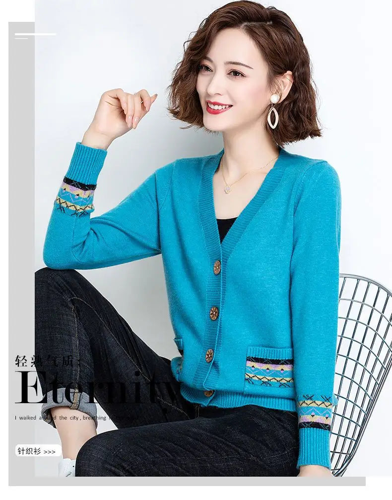Folk Vintage Button V-Neck  Cardigans with Long Sleeves and Pockets