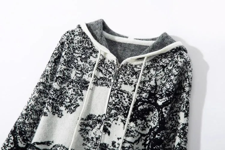 Tie Dye Pure Wool Black and White  Painting Hooded Zipper Cardigan