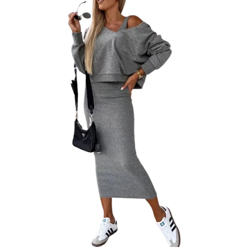 Sporty Slim Fit V-Neck Hooded Sweater Long Dress with Short Top- 2 Prices Set