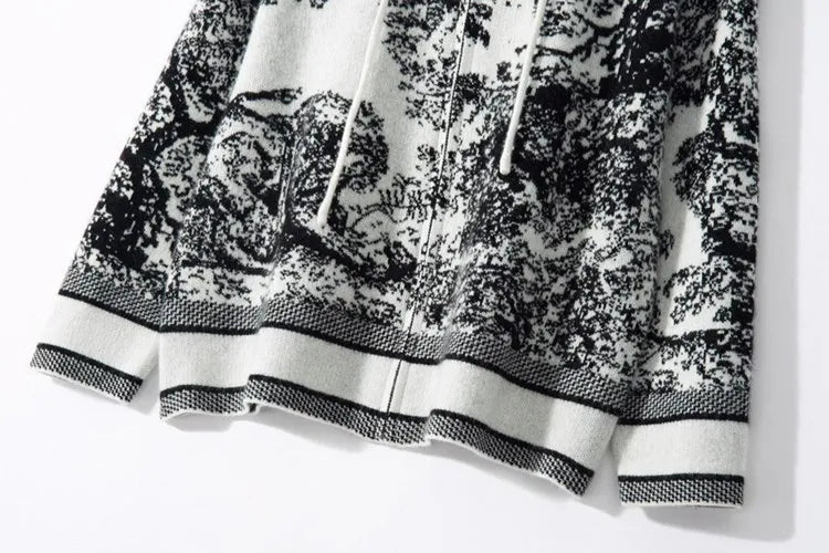 Tie Dye Pure Wool Black and White  Painting Hooded Zipper Cardigan