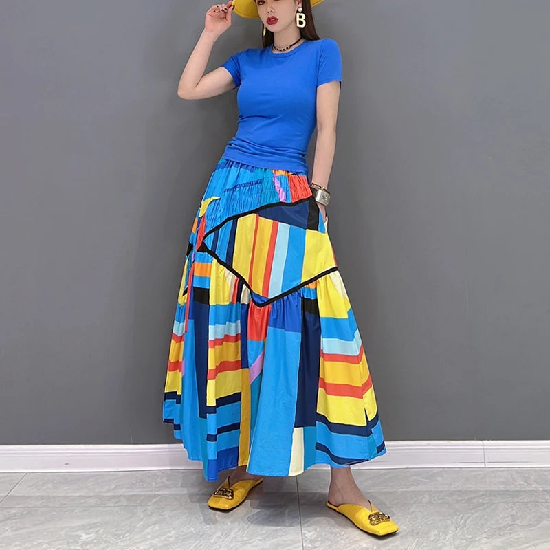 Blue Art  3D Printed  Loose Fit Mid-Calf Skirt with Pockets