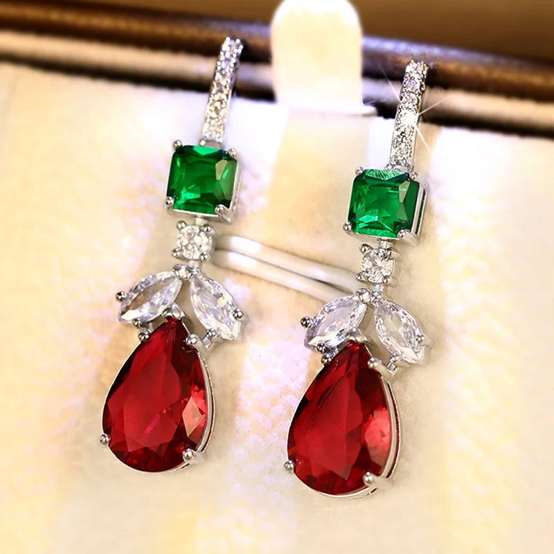 Dazzling Red/Green/White Zirconia Pendant Earrings