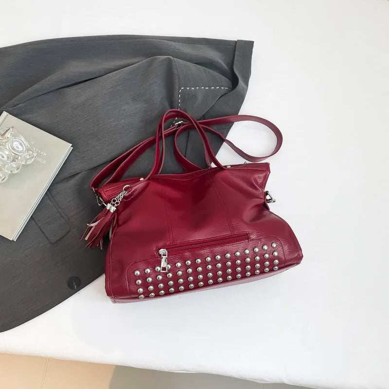 Chic Colors Rivets  Designer Messenger Leather Bags -Large Capacity