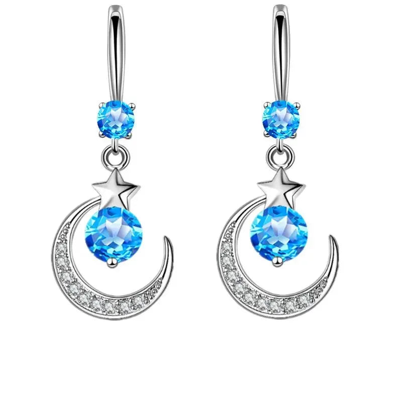 Star Moon Sterling Silver Drop Earrings