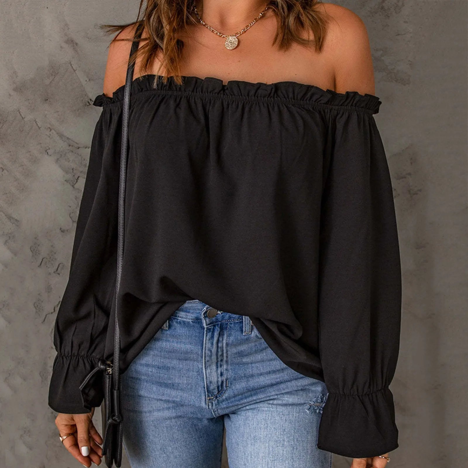 Black Modern Classic Fit Off Shoulder  O-Neck  Blouse Top