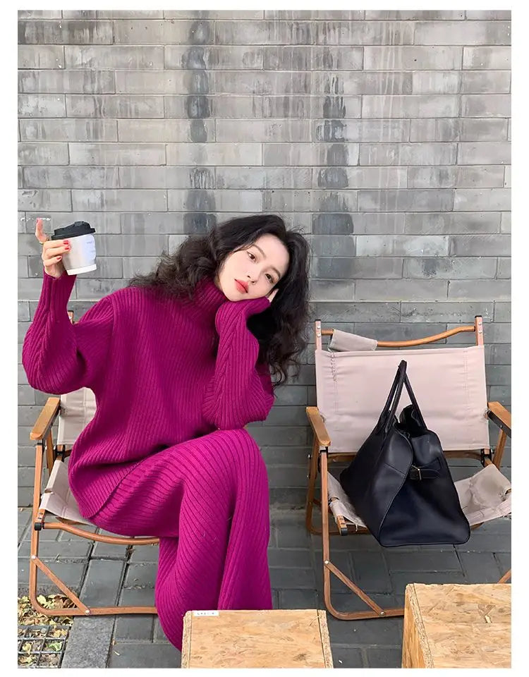 French Trendy Retro Two-piece Set with High Neck Sweater Knitted Top