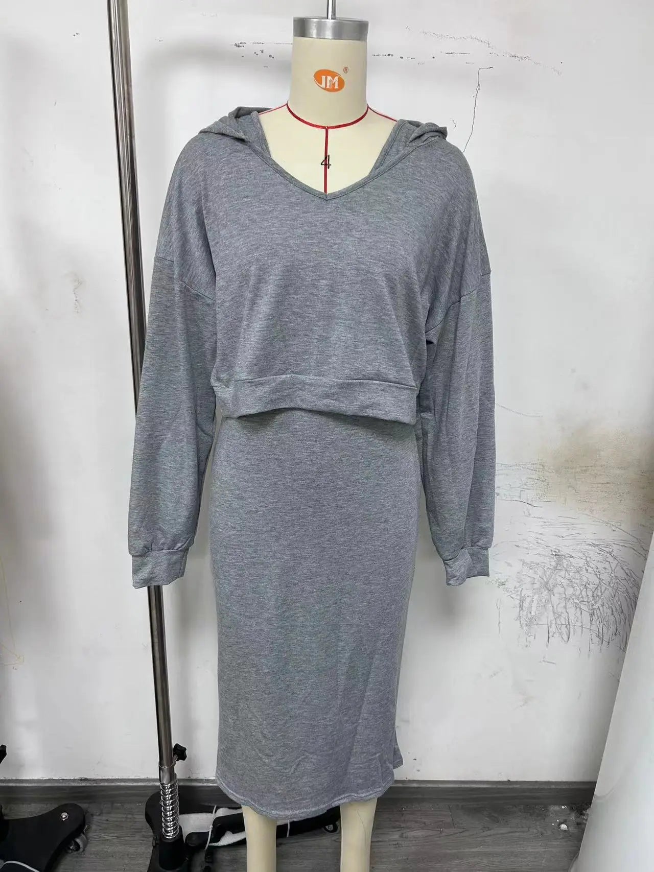 Sporty Slim Fit V-Neck Hooded Sweater Long Dress with Short Top- 2 Prices Set