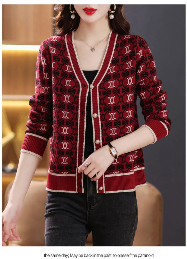 Vintage Elegant V-neck Jacquard Knitted Cardigan