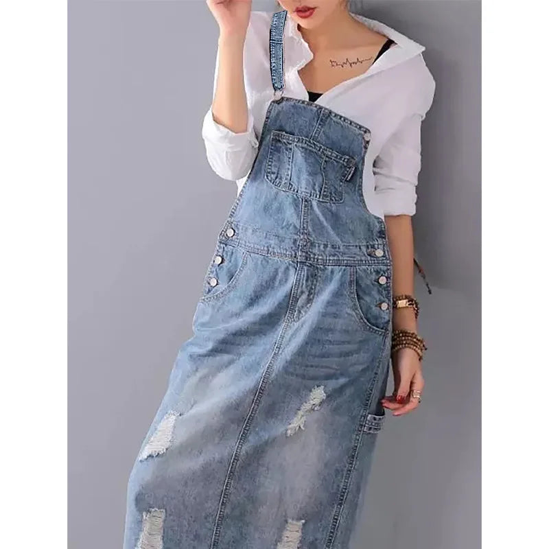 Denim Sleeveless Strap Straight Long Skirt.
