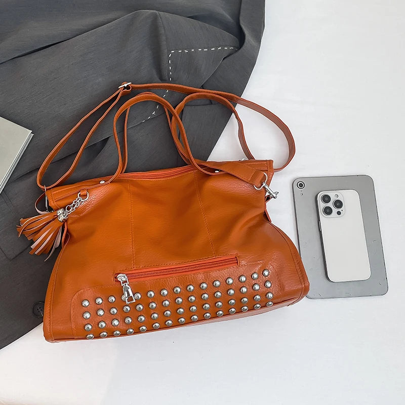 Chic Colors Rivets  Designer Messenger Leather Bags -Large Capacity