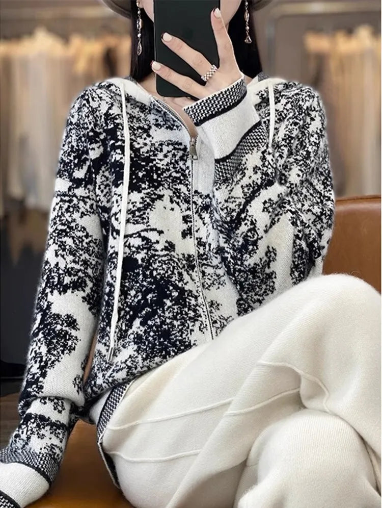 Tie Dye Pure Wool Black and White  Painting Hooded Zipper Cardigan