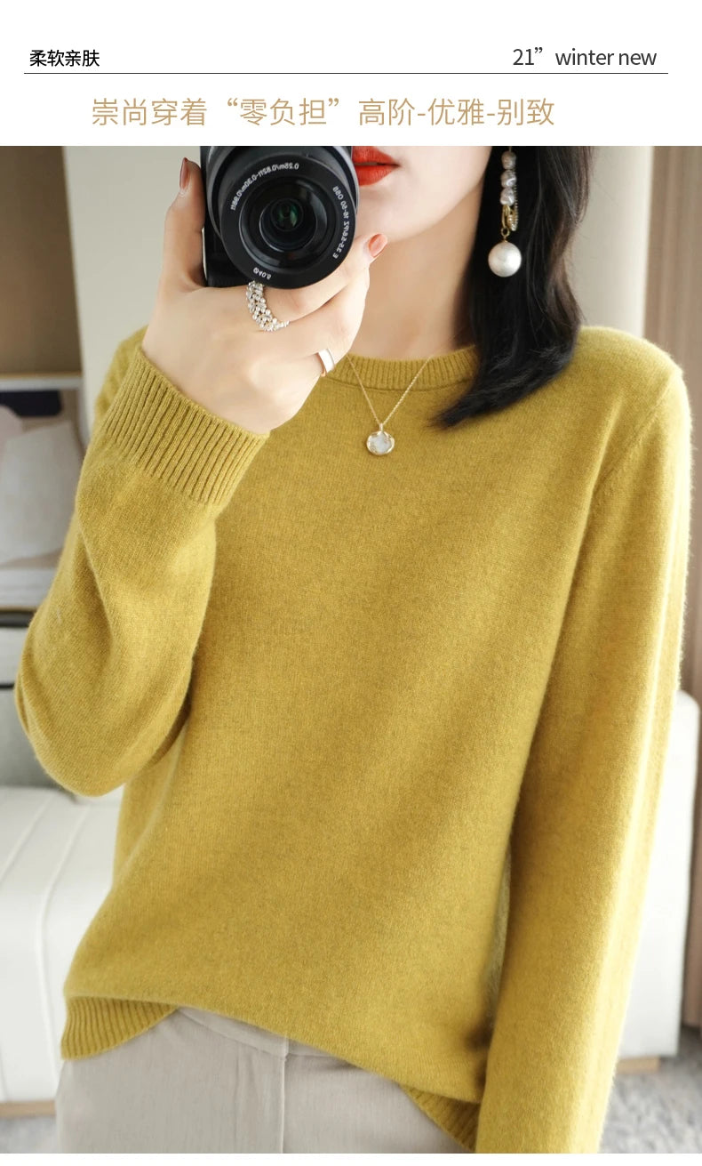 Classic Style Cashmere Round Neck Pullover with  Long Sleeve