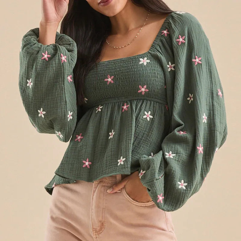 Floral Embroidered Smocked Square Neck Vintage Casual Tops