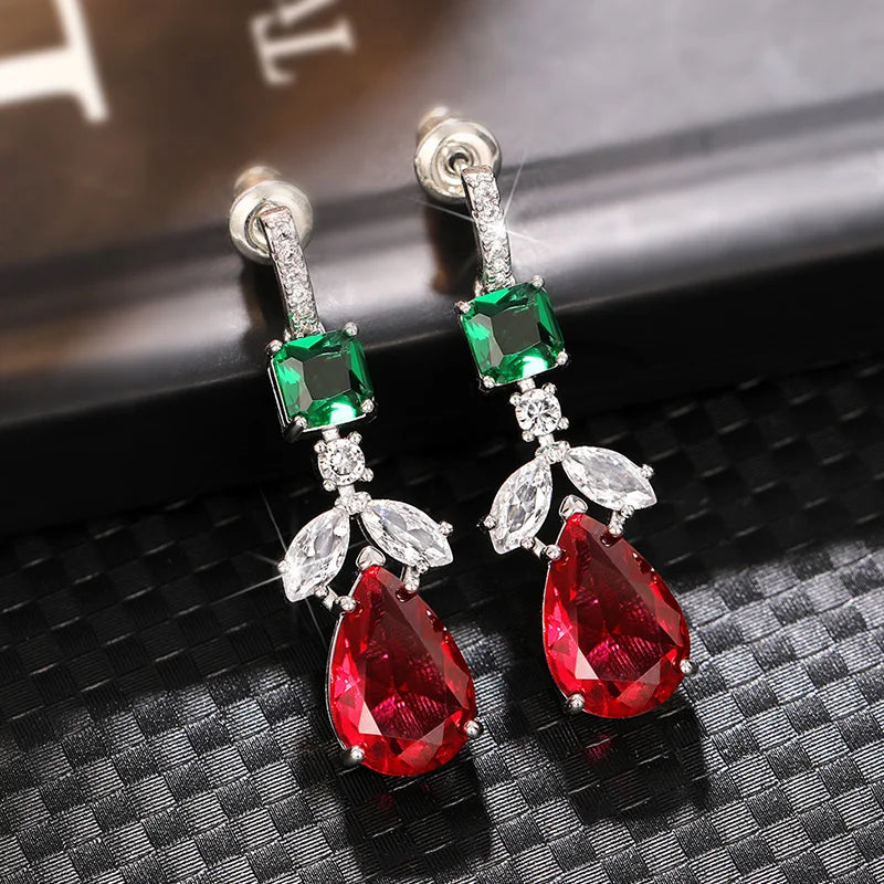 Dazzling Red/Green/White Zirconia Pendant Earrings