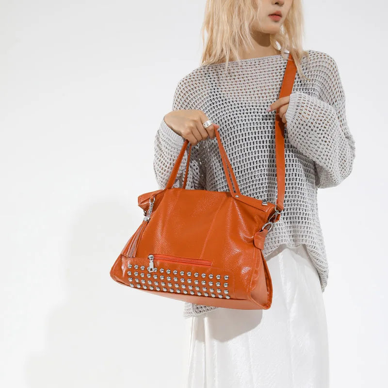 Chic Colors Rivets  Designer Messenger Leather Bags -Large Capacity