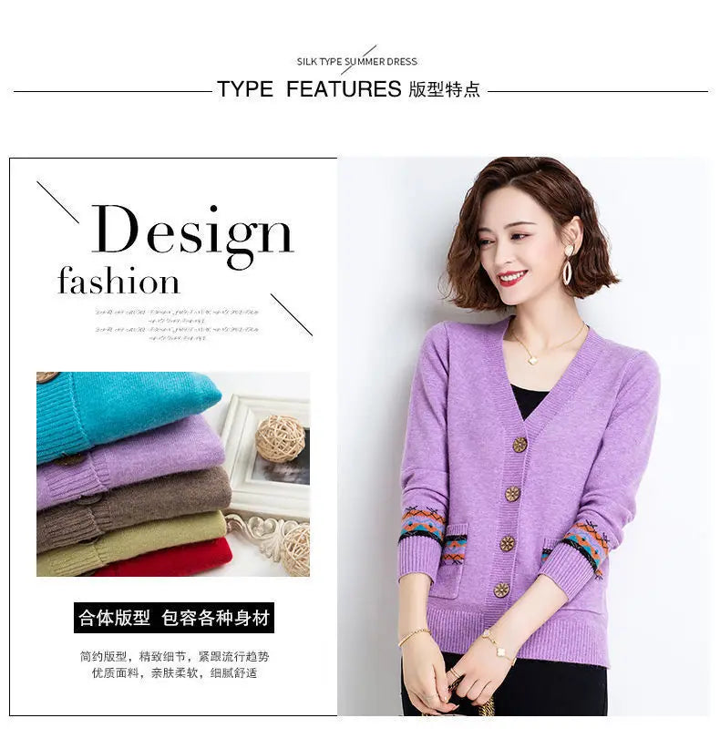 Folk Vintage Button V-Neck  Cardigans with Long Sleeves and Pockets