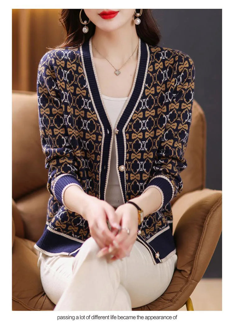 Vintage Elegant V-neck Jacquard Knitted Cardigan