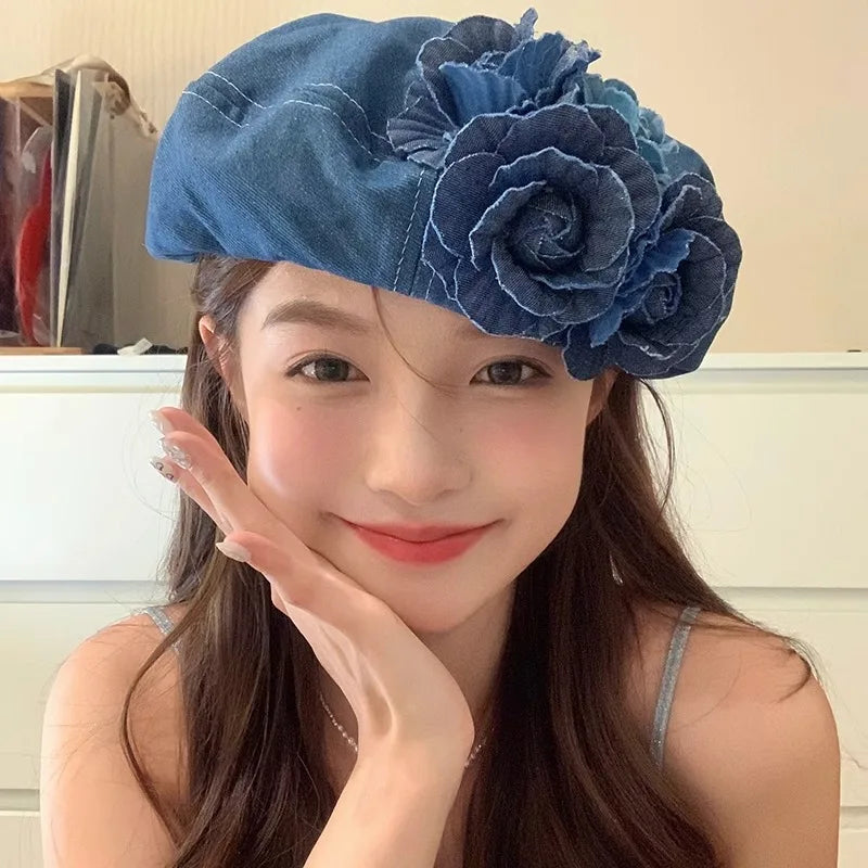 Denim Beret Hats with Flower