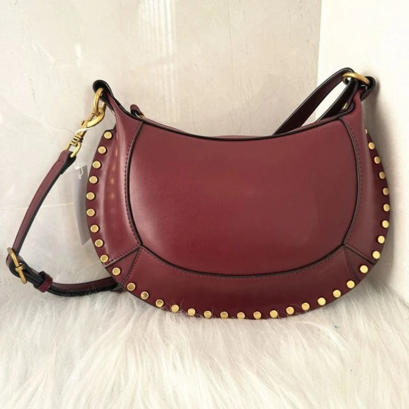 "Half Moon' Retro Classic Style Cowhide Shoulder Bag with Gold Rivet