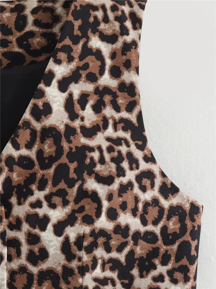 Chic Vintage Leopard Print  Sleeveless  V-Neck Slim Short Vest