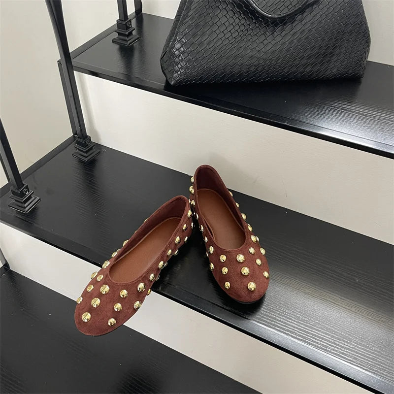 Classic Vintage Brown Shoes with  Metal Rivet Round Toe Loafers