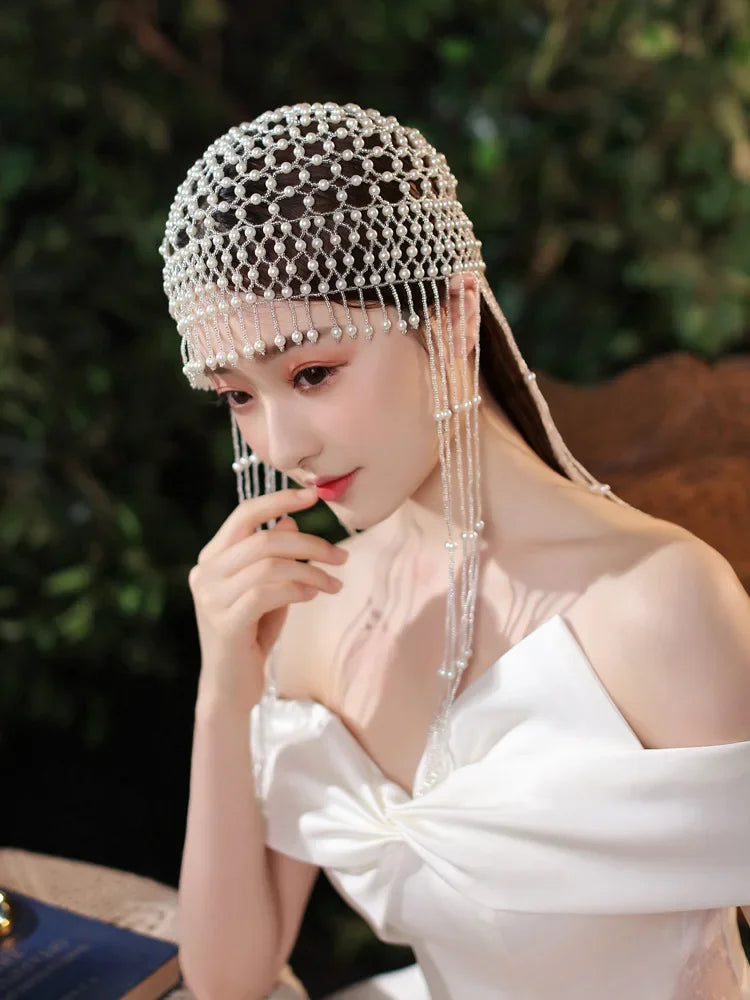 Vintage Pearl TasseL Hair Cap